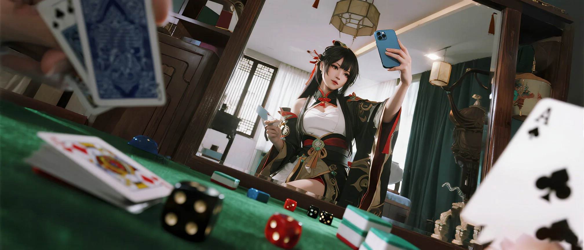 百家樂遊戲桌面展示莊家閒家牌面與籌碼配置